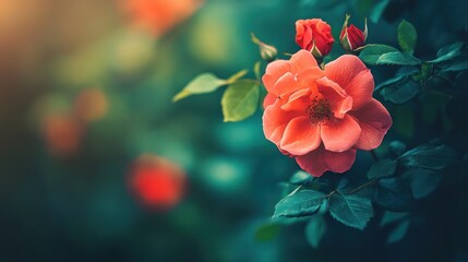 Vibrant coral rose blossoms in a garden setting