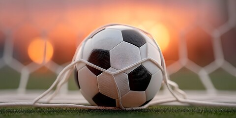 Close-up of a soccer ball in a goal during sunset