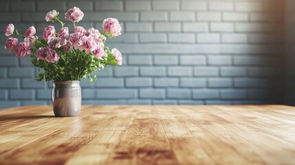 Fototapeta premium Gentle pink flowers in a vase on a wooden table.