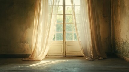 Sunlight streams through sheer curtains in a vintage room (1)
