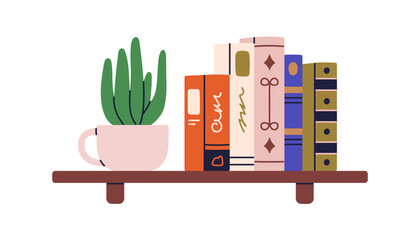 Book shelf. Home library, bookshelf with classic fiction and academic literature in line. Reading and education, hardback covers and potted plant. Flat vector illustration isolated on white background