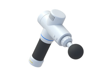 Single percussive massager isolated on white background. Massage gun. Device for reduce muscle pain. Portable vibration machine for physiotherapy. 3d render