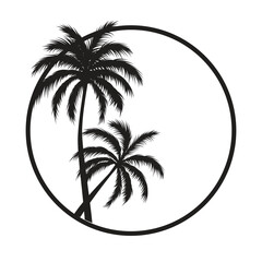 Round retro badge with silhouettes of palm trees. Vector illustration isolated on white background