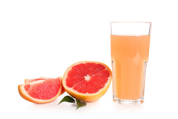 Glass of tasty grapefruit juice and fresh fruit on white background