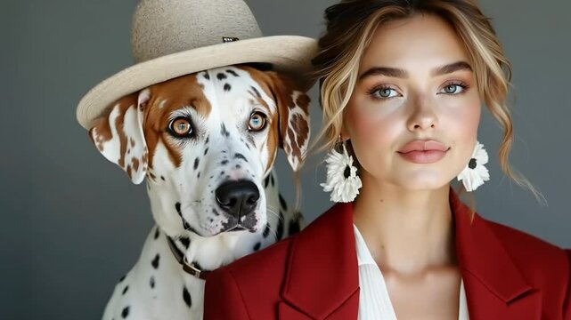 A woman in a red blazer and hat with a dalmatian dog