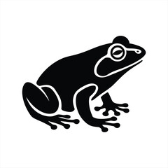 Vector Stylized Black Silhouette of a Sitting Frog with Detailed Legs and Eyes on a White Background