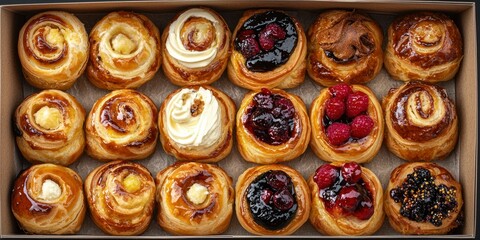 Fototapeta premium A box filled with assorted mini Danish pastries, showcasing different fillings such as fruit and cream cheese