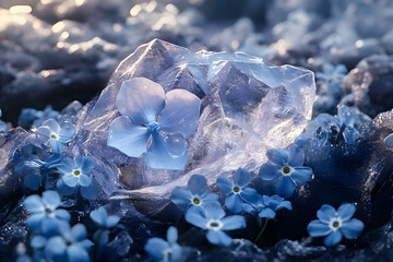 Obraz premium Frozen blue forget-me-nots nestled within a crystalline ice formation.