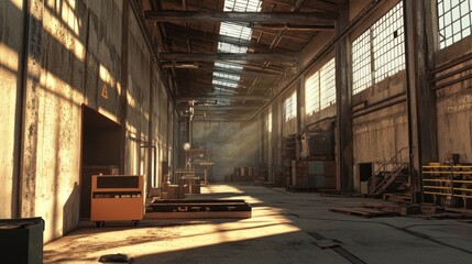 Sunlit industrial warehouse interior, showing aged walls, machinery, and dusty floor.