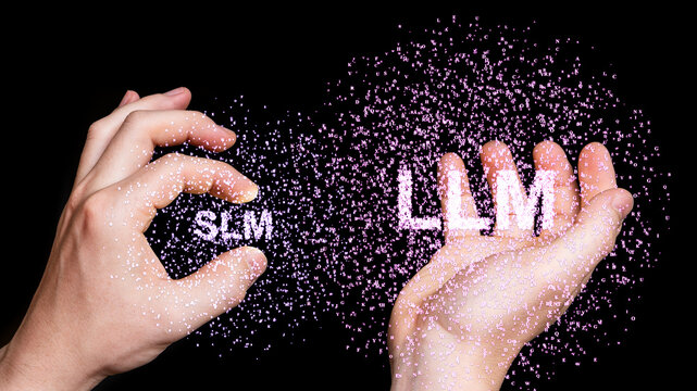 Two hands present a symbolic contrast: one delicately holds &ldquo;SLM&rdquo; (Small Learning Model), the other displays &ldquo;LLM&rdquo; (Large Learning Model), both shaped from letters and digits.