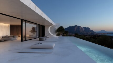 Fototapeta premium Modern luxury home with infinity pool overlooking mountains and sea. Spacious, minimalist design with light-toned marble and glass