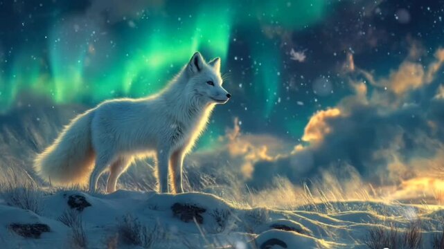 A white arctic fox or wolf stands majestically amidst a snowy landscape, illuminated by the dazzling aurora borealis in the winter night sky.