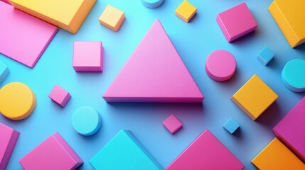 Colorful geometric shapes arranged on a blue background, creating a playful composition.