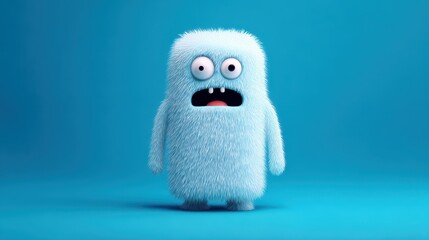 A furry blue character displays wide eyes and a stiff posture, suggesting surprise or fear. The background is a solid bright blue, enhancing the character's expressive features
