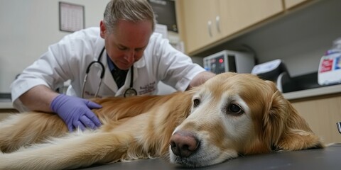 A caring vet examining a golden retriever at a pet clinic