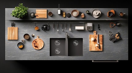High-angle kitchen scene, showcasing organized countertop with tools & ingredients
