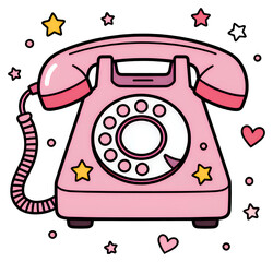 Pink Rotary Phone with Stars & Hearts, transparent background. Retro, cute.