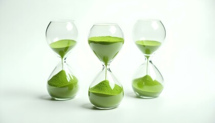 hourglasses with green sand on white background