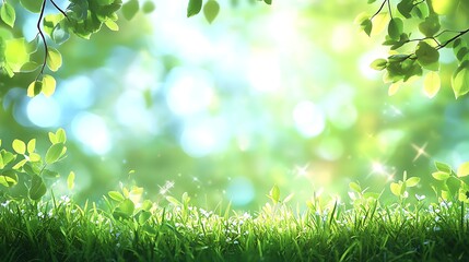 Sunlit Meadow with Sparkling Bokeh, A serene, sunlit meadow with lush green grass and sparkling bokeh lights