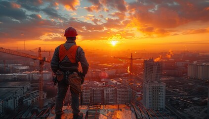 A worker is working on the steel bars of an entire building under construction, wearing safety gear and holding tools in his hands