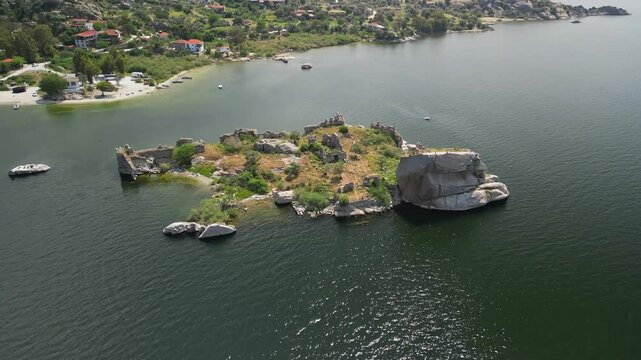 Ancient ruins on island in Lake Bafa National Park, Turkey