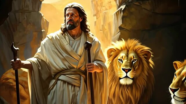 Trustworthy prophet of God at the lions den with lions around him 4K