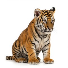 Fototapeta premium A tiger cub sitting upright looking slightly to the right on a plain white background in studio light