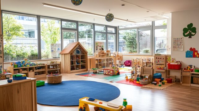 Bright, spacious playroom with colorful toys and natural light.