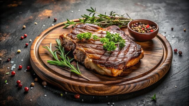 A juicy Chulet?n de ternera on a wooden plate, garnished with fresh herbs and served on a rustic stone table
