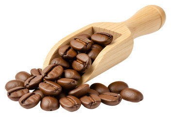 Fototapeta premium Roasted Coffee Beans in Wooden Scoop, transparent background.