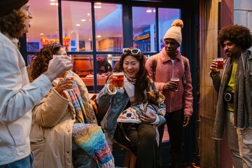 A 25-year-old Asian woman with her dachshund dog in her lap, drinking and laughing together with a group of her friends as they relax outside of a bar on a city street in the evening