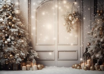 Elegant Winter Wonderland: Festive Bench and Frosted Trees Backdrop