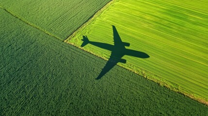Airplane shadow over green fields