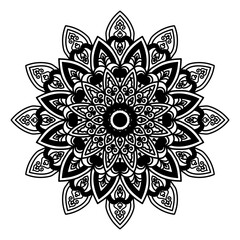Abstract Floral Ornament with Black and White Flowers in Mandala Style