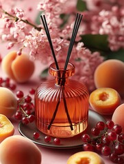 Elegant reed diffuser with peach and berry accents, surrounded by pink blossoms on a soft pastel background