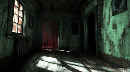 Fototapeta premium Haunted House Hallway: Eerie Green Walls, Sunlit Shadows