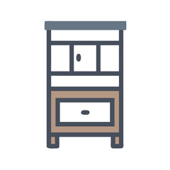 Stylized vintage cabinet with shelves and drawer icon
