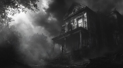 Haunted Victorian House: A Monochromatic Gothic Scene