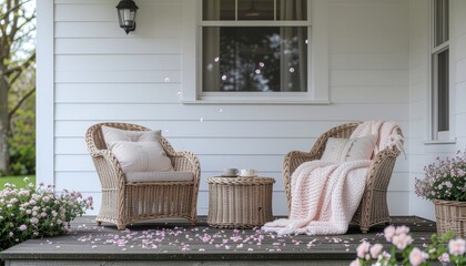 Obraz premium Front porch of a cottage with wicker chairs, pastel blanket