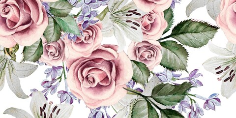 Watercolor floral bouquet design, featuring roses, lilies, and lilac, perfect for wedding or celebration invitations. © Saira