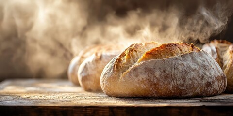 A close-up of freshly baked bread with a golden-brown crust, cooling on a rustic wooden table with a soft steam rising