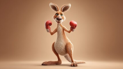 A cartoon kangaroo stands upright in a playful stance, wearing bright red boxing gloves. The backdrop features a warm beige hue, enhancing the lighthearted atmosphere of the scene