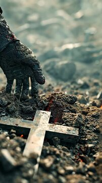 A hand reaching for a cross that is in the dirt in a death environment vertical video 4K