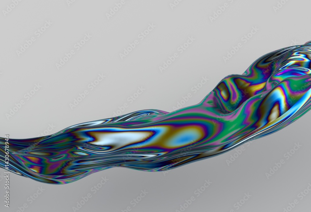 Poster colorful abstract 3d illustration of shimmering flowing fabric in chrome holographic colors on a gra