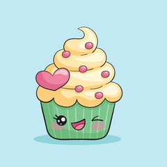 Kawaii is a charming cupcake. Cute sweet dessert, children's illustration
