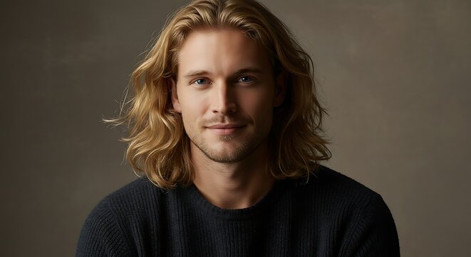Portrait of a Young Man with Long Blonde Hair Smiling Gently Against a Neutral Background - Powered by Adobe