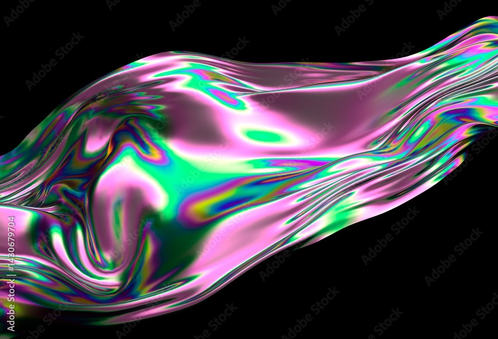 Poster abstract 3d illustration of shimmering holographic flowing fabric with green, pink and purple hues o