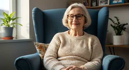 Smiling Elderly Woman in Cream Sweater Sitting in Blue Armchair
