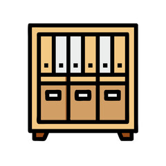 Wooden bookshelf with folders and boxes illustration