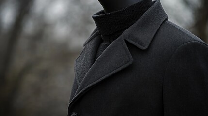 Close-up of a dark gray wool coat over a turtleneck sweater